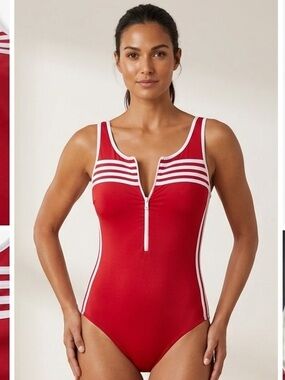 Classic Red One-Piece Swimsuit with White Trim Miraclesuit sliming suit